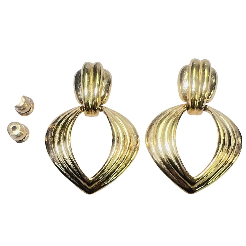 Vintage Trifari Post Earrings Dangle Door Knockers Pierced Dimensional Gold Tone